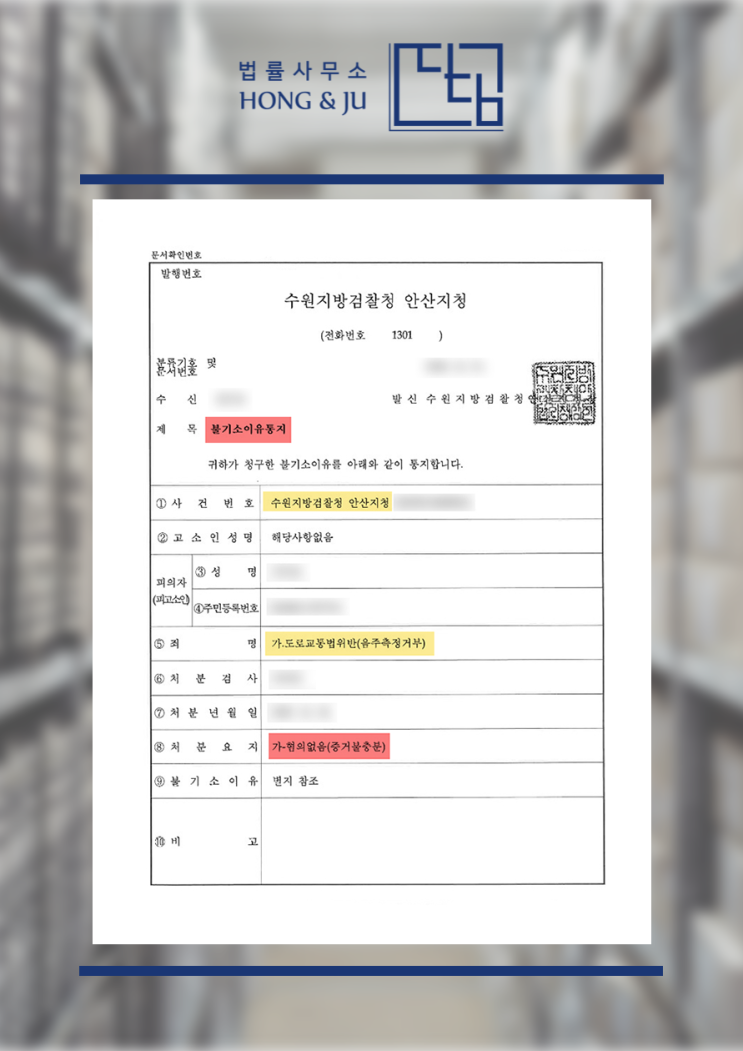  안산음주운전변호사 음주측정거부 구공판 기소 방어!
