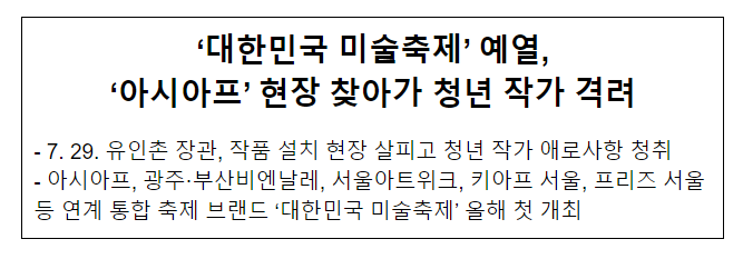 ‘대한민국 미술축제’ 예열, ‘아시아프’ 현장 찾아가 청년 작가 격려 ‘대한민국 미술축제’ 예열, ‘아시아프’ 현장 찾아가 청년 작가 격려