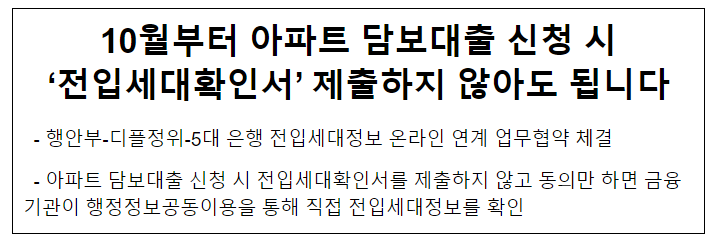 10월부터 아파트 담보대출 신청 시 ‘전입세대확인서’ 제출하지 않아도 됩니다 10월부터 아파트 담보대출 신청 시 ‘전입세대확인서’ 제출하지 않아도 됩니다