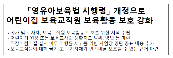 「영유아보육법 시행령」 개정으로 어린이집 보육교직원 보육활동 보호 강화 「영유아보육법 시행령」 개정으로 어린이집 보육교직원 보육활동 보호 강화