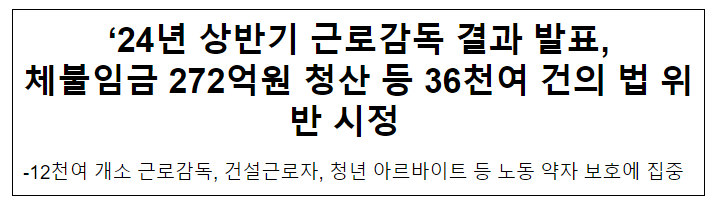 ‘24년 상반기 근로감독 결과 발표, 체불임금 272억원 청산 등 36천여 건의 법 위반 시정 ‘24년 상반기 근로감독 결과 발표, 체불임금 272억원 청산 등 36천여 건의 법 위반 시정