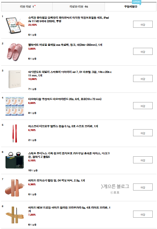  24년 7월 30일 쿠팡 리뷰 44개 작성하고 쿠팡 체험단 초대된 후기 (쿠팡 체험단 작성 기간 확인 방법)