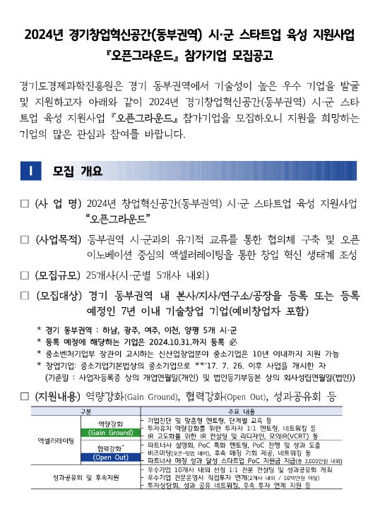 2024년 경기창업혁신공간(동부권역) 시ㆍ군 스타트업 육성 지원사업 오픈 그라운드 지원기업 모집 공고 2024년 경기창업혁신공간(동부권역) 시ㆍ군 스타트업 육성 지원사업 오픈 그라운드 지원기업 모집 공고