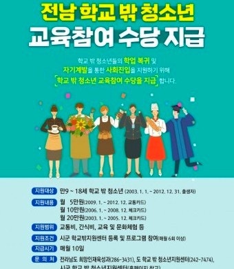  전라남도 학교밖 청소년 교육참여수당 지원대상 부터 신청방법 까지