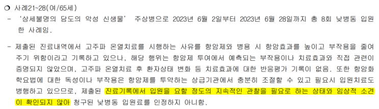  [낮병동, 당일입원] 고주파온열암치료, 싸이모신알파, 셀레늄, 고용량비타민C 불인정 사례-건강보험심사평가원의 결정