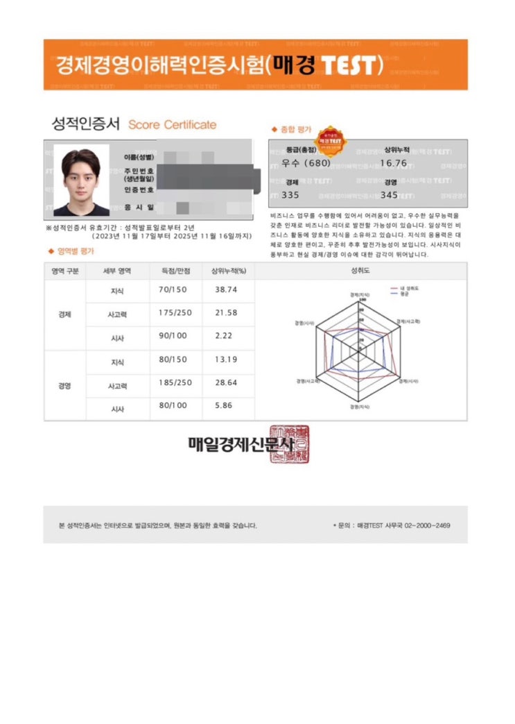  경제경영이해력인증시험 매경테스트 우수 합격후기