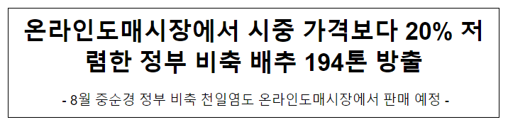 온라인도매시장에서 시중 가격보다 20% 저렴한 정부 비축 배추 194톤 방출 온라인도매시장에서 시중 가격보다 20% 저렴한 정부 비축 배추 194톤 방출