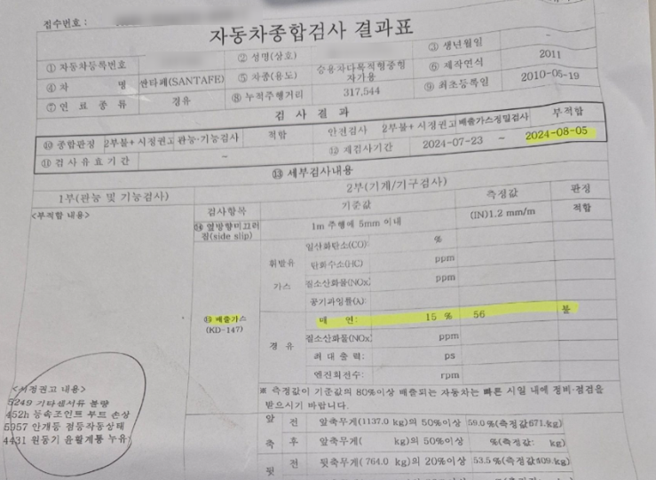  [서비스 사례] 싼타페 매연 56% 불합격, 비용 절약하고 재합격 받으려면?