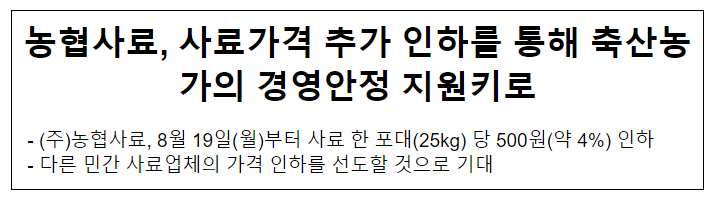 농협사료, 사료가격 추가 인하를 통해 축산농가의 경영안정 지원키로 농협사료, 사료가격 추가 인하를 통해 축산농가의 경영안정 지원키로
