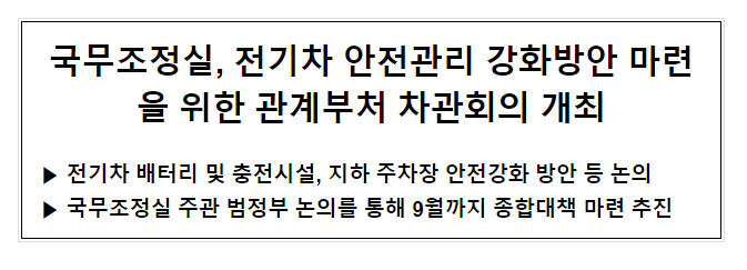 국무조정실, 전기차 안전관리 강화방안 마련을 위한 관계부처 차관회의 개최 국무조정실, 전기차 안전관리 강화방안 마련을 위한 관계부처 차관회의 개최