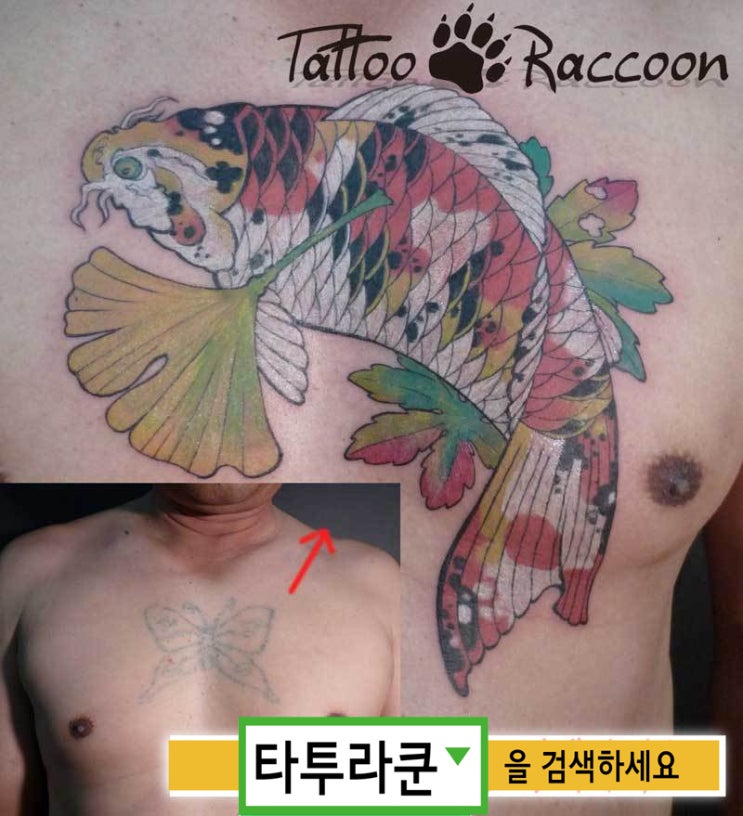  컬러 비단잉어타투- 나비 바늘문신의 커버업타투입니다. 커버업 많이 해본 타투라쿤과 상담하세요^^[홍대 타투라쿤]-2013. 3. 20. 12:21
