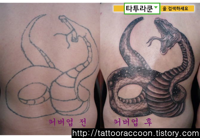  커버업 타투&터치업타투/뱀타투/바늘문신 커버업타투/문신수정 [홍대 타투라쿤] - 바늘문신보다 훨씬 안 아픕니다^^