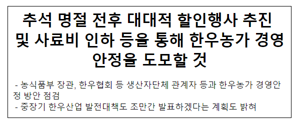 추석 명절 전후 대대적 할인행사 추진 및 사료비 인하 등을 통해 한우농가 경영안정을 도모할 것 추석 명절 전후 대대적 할인행사 추진 및 사료비 인하 등을 통해 한우농가 경영안정을 도모할 것