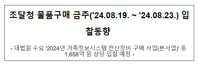 조달청 물품구매 금주('24.08.19. ~ '24.08.23.) 입찰동향 조달청 물품구매 금주('24.08.19. ~ '24.08.23.) 입찰동향