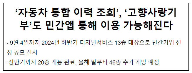 ‘자동차 통합 이력 조회’, ‘고향사랑기부’도 민간앱 통해 이용 가능해진다 ‘자동차 통합 이력 조회’, ‘고향사랑기부’도 민간앱 통해 이용 가능해진다