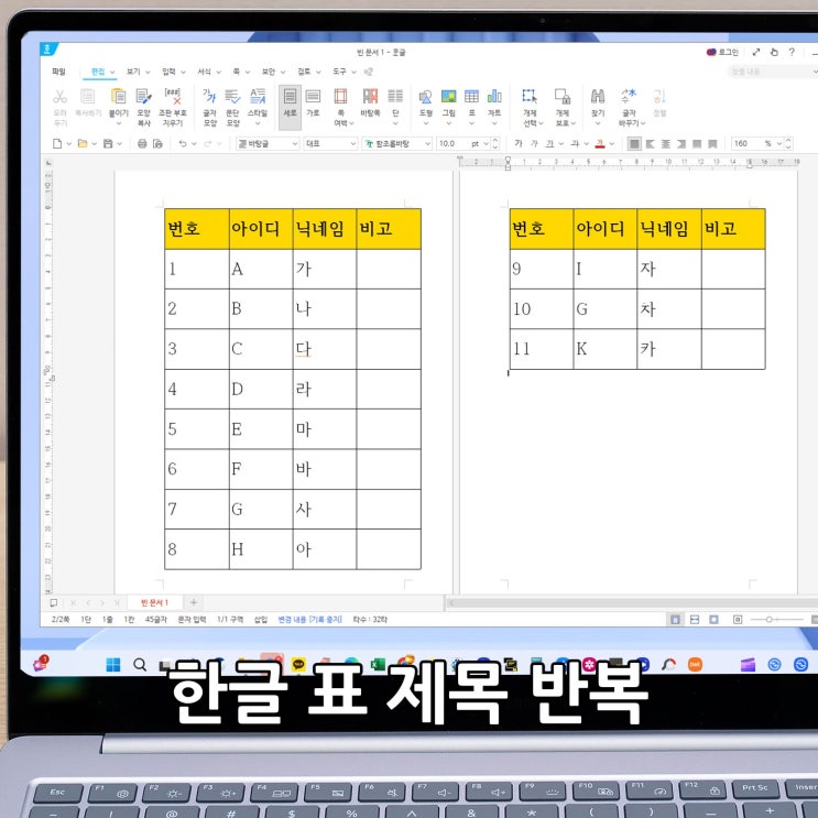  한글 표 줄 추가 페이지 넘기기 제목 반복