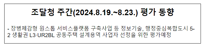 조달청 주간(2024.8.19.~8.23.) 평가 동향 조달청 주간(2024.8.19.~8.23.) 평가 동향