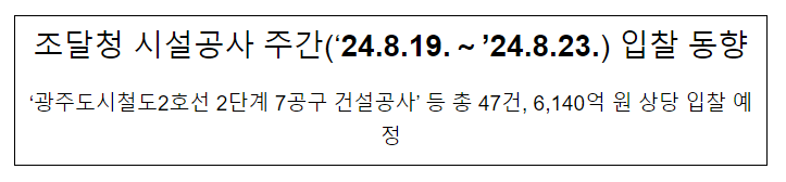 조달청 시설공사 주간(’24.8.19.~’24.8.23.) 입찰 동향 조달청 시설공사 주간(’24.8.19.~’24.8.23.) 입찰 동향