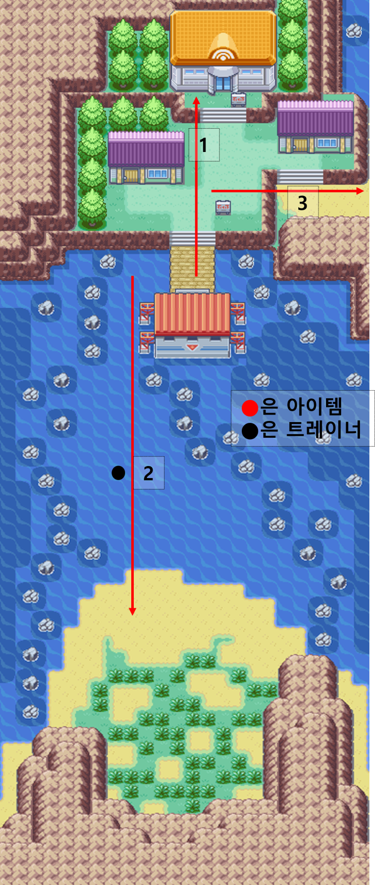  포켓몬 파이어레드 공략 19 - 전설의 포켓몬(파이어) 공략, 1섬, 횃불산, 보물의해변, 저녁노을길