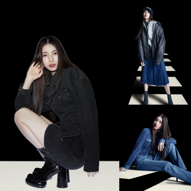  수지 옷 게스(GUESS) 24FW 블랙라벨 화보 속 데님 팬츠, 와이드 청바지, 가을 자켓 #청청패션