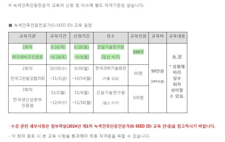  녹색건축인증전문가(G-SEED ID) 교육 안내