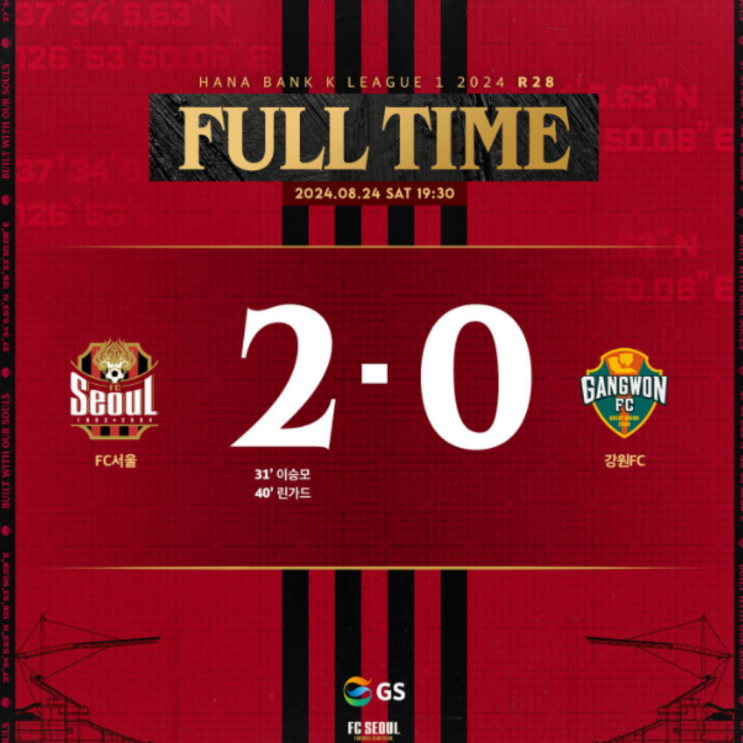  FC서울 8년만에 5연승, 선두 강원에 2-0 완벽승, 이승모 결승 중거리슛과 주장 린가드의 추가골(FC서울 홈 6연승, 리그 3위 도약, 김기동 매직, 최준 야잔 강현무)