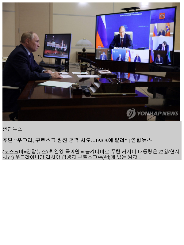 <b>푸틴</b> "우크라, <b>쿠르스크</b> 원전 공격 시도…IAEA에 알려"
