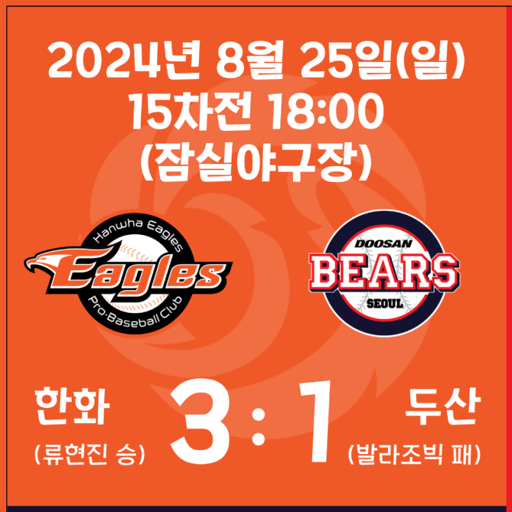 (일) <b>한화</b>이글스 vs <b>두산</b>베어스 15차전 <b>경기결과</b> / 라인업... 