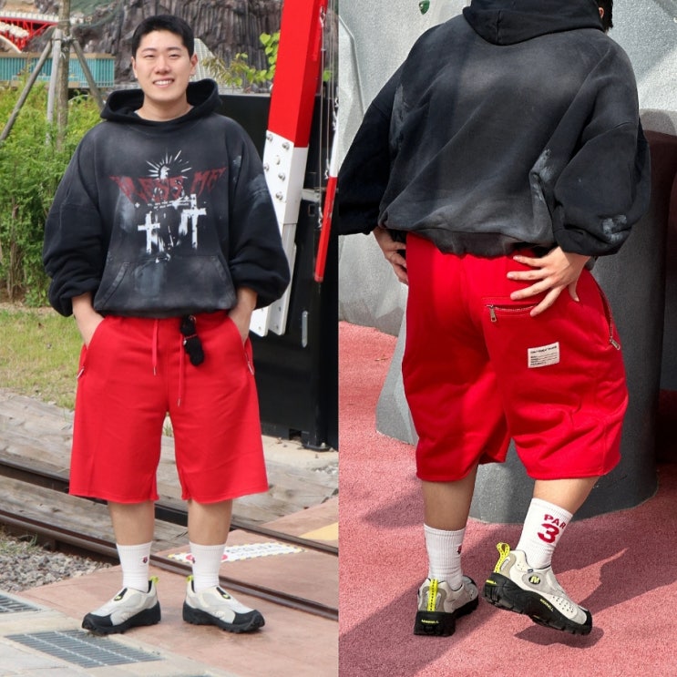  남자 빨간 면반바지 코디 편한 스웻팬츠