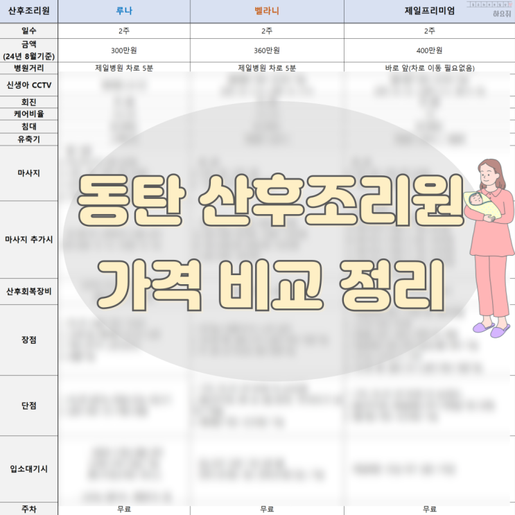  동탄 산후조리원 가격 비교 루나 벨라니 제일프리미엄 산후조리원 정리