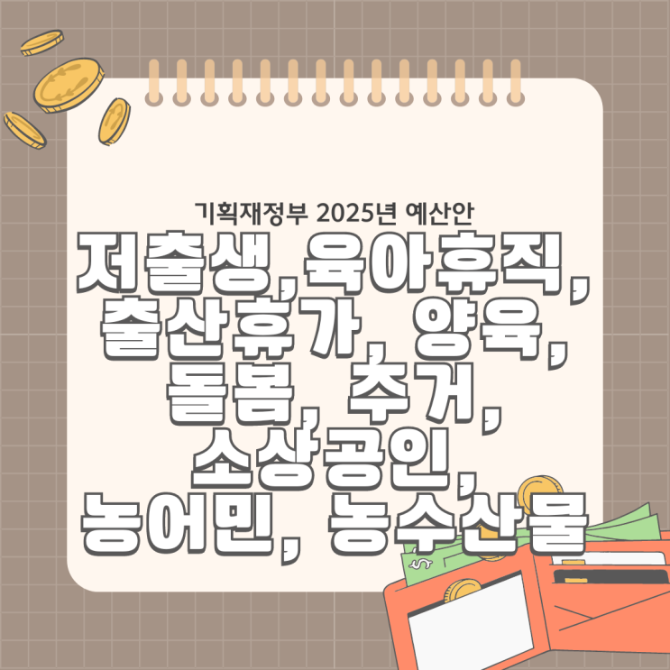  기획재정부 2025년 예산안 _ 저출생, 육아휴직, 출산휴가, 양육, 돌봄, 주거, 소상공인, 농어민, 농수산물