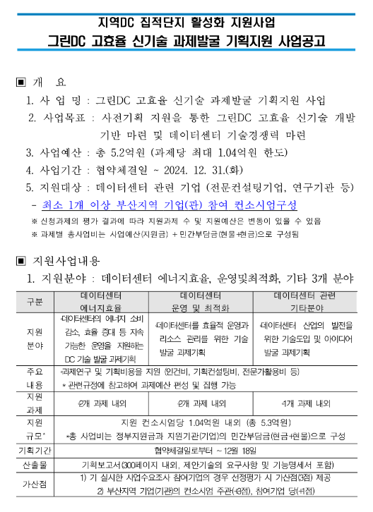 그린DC 고효율 신기술 과제발굴 기획지원 사업 공고(지역DC 집적단지 활성화 지원사업) 그린DC 고효율 신기술 과제발굴 기획지원 사업 공고(지역DC 집적단지 활성화 지원사업)