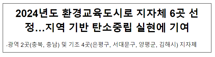 2024년도 환경교육도시로 지자체 6곳 선정… 지역 기반 탄소중립 실현에 기여 2024년도 환경교육도시로 지자체 6곳 선정… 지역 기반 탄소중립 실현에 기여