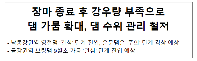 장마 종료 후 강우량 부족으로 댐 가뭄 확대, 댐 수위 관리 철저 장마 종료 후 강우량 부족으로 댐 가뭄 확대, 댐 수위 관리 철저