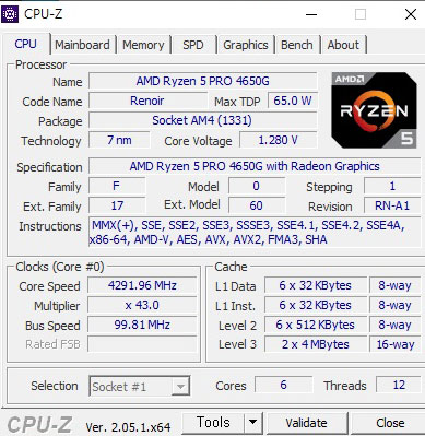  AMD 라이젠5 PRO 4650G 르누아르 cpu-z 벤치 및 스펙