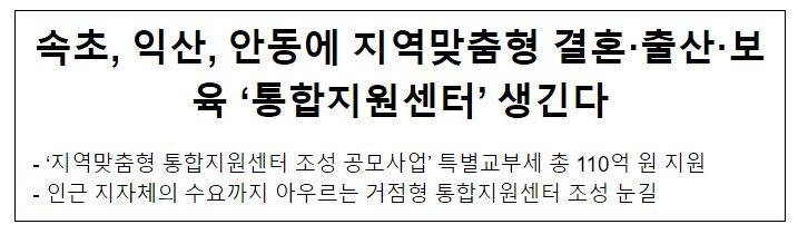 속초, 익산, 안동에 지역맞춤형 결혼·출산·보육 ‘통합지원센터’ 생긴다 속초, 익산, 안동에 지역맞춤형 결혼·출산·보육 ‘통합지원센터’ 생긴다