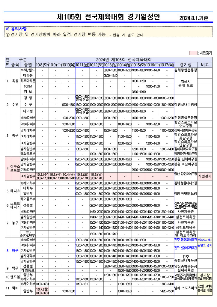 2024 제 105회 <b>전국체전</b> 경기 일정, 여자 <b>핸드볼</b> 대진표... 