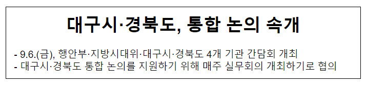 대구시·경북도, 통합 논의 속개 대구시·경북도, 통합 논의 속개