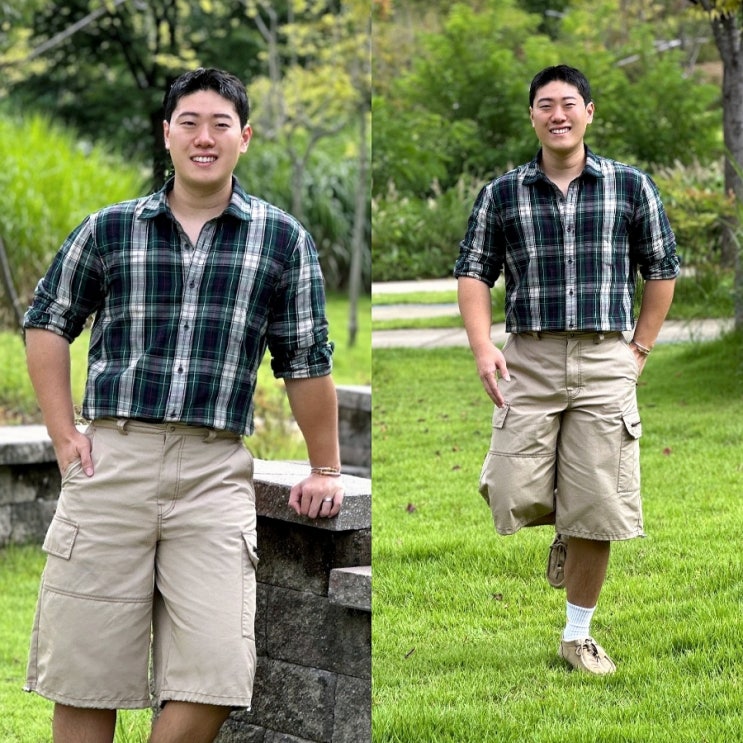  남자 초록색 셔츠 코디 더레이블 캐주얼한 녹색 체크