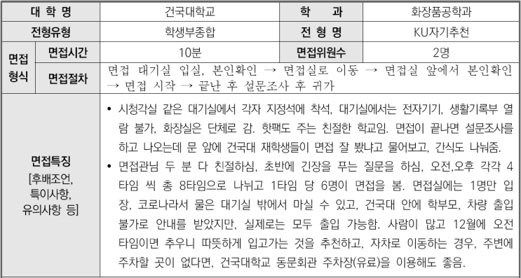  2023학년도 건국대학교 화장품공학과 학생부종합 KU자기추천전형 면접 기출 문제