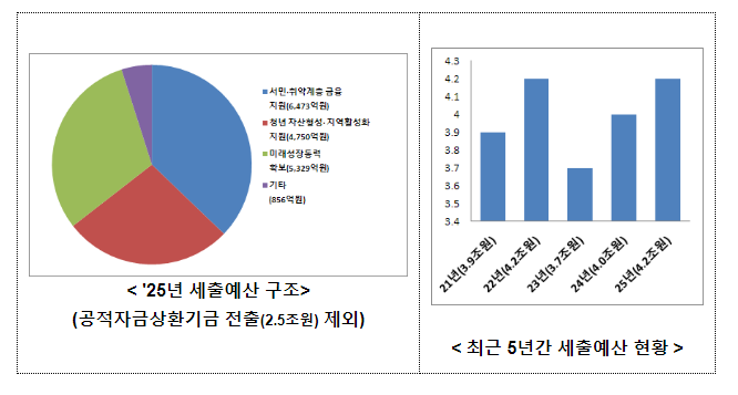 서민·청년층 금융 지원 및 미래성장동력 확보를 위한 2025 금융위 예산안 편성 - 2025년 금융위원회 일반회계 세출예산을 4조 2,408억원으로 편성하였습니다. 서민·청년층 금융 지원 및 미래성장동력 확보를 위한 2025 금융위 예산안 편성 - 2025년 금융위원회 일반회계 세출예산을 4조 2,408억원으로 편성하였습니다.