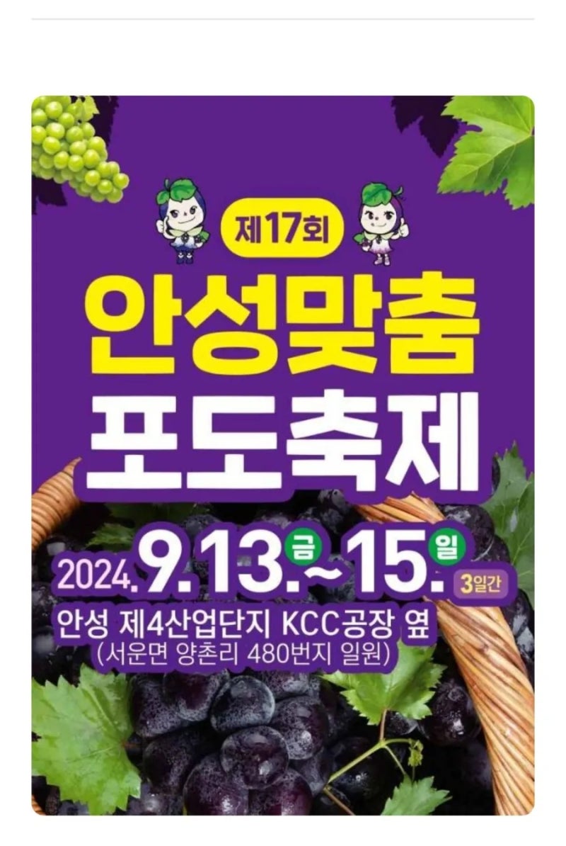 2024년 제17회 안성맞춤 포도축제가 안성시 서운면 안성4산업단지 kcc공장옆에서 2024년9월13~15....