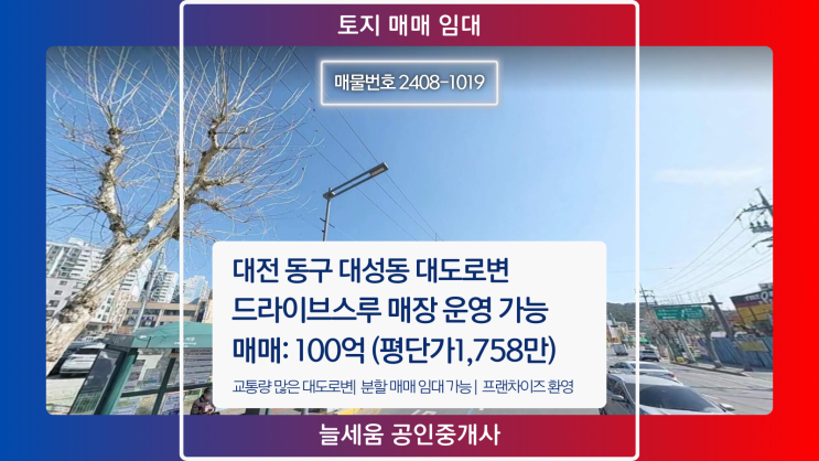  동구 대성동 대도로변 드라이브스루 매장 가능한 토지 임대 및 매매