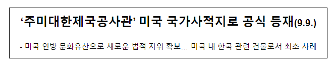 ‘주미대한제국공사관’ 미국 국가사적지로 공식 등재(9.9.) ‘주미대한제국공사관’ 미국 국가사적지로 공식 등재(9.9.)