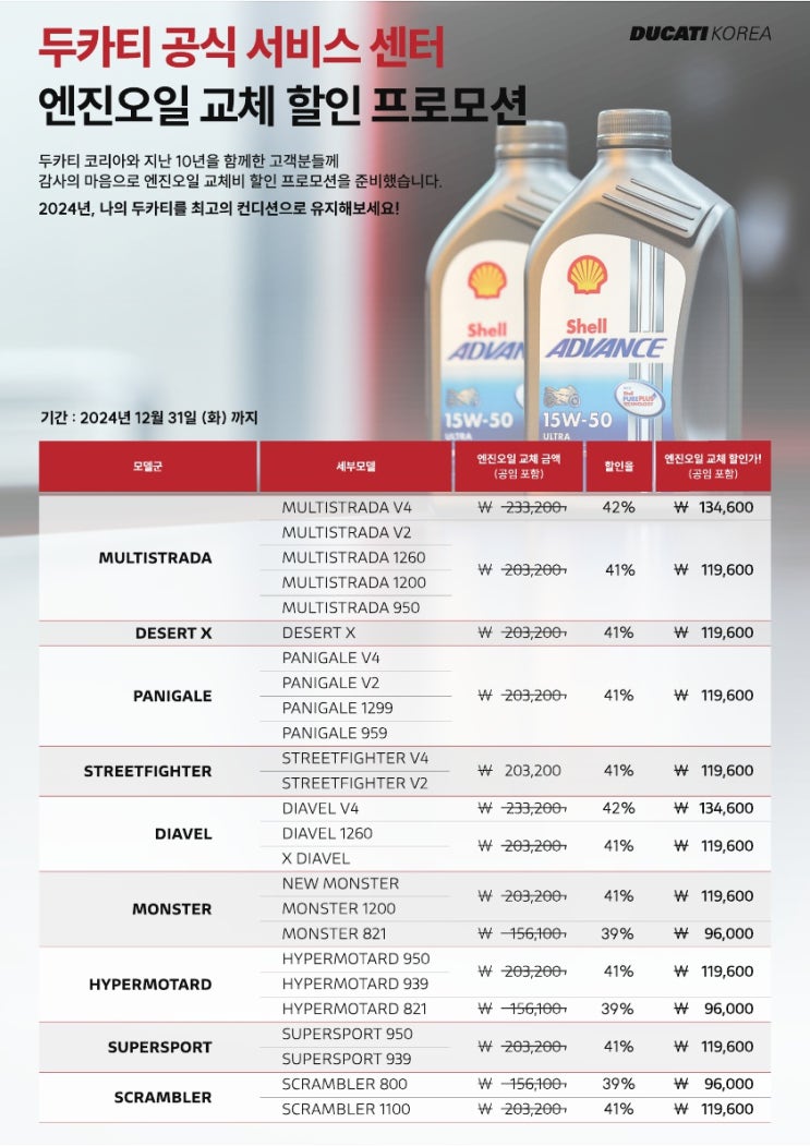  두카티 엔진오일 할인 프로모션 ~ 24년 12월 31까지! - 두카티 송도점 임재원