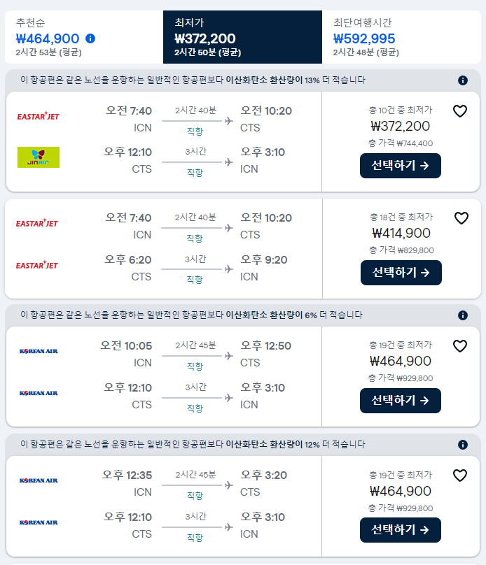  홋카이도 삿포로 여행 준비) 서울-홋카이도 항공편 운항 일정 및 가격 비교