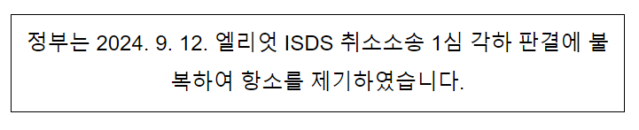 정부는 2024. 9. 12. 엘리엇 ISDS 취소소송 1심 각하 판결에 불복하여 항소를 제기 정부는 2024. 9. 12. 엘리엇 ISDS 취소소송 1심 각하 판결에 불복하여 항소를 제기