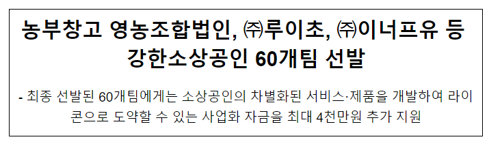 농부창고 영농조합법인, 루이초, 이너프유 등 강한소상공인 60개팀 선발 농부창고 영농조합법인, 루이초, 이너프유 등 강한소상공인 60개팀 선발