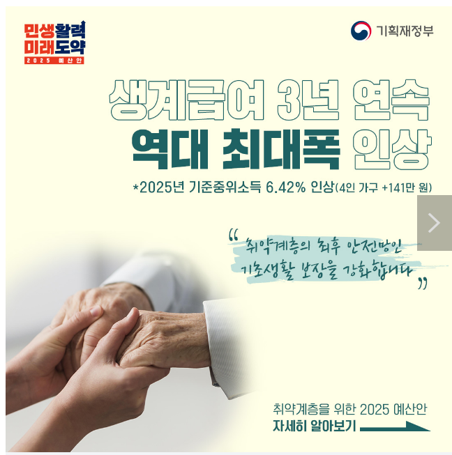 생계급여 3년 연속 역대 최대폭 인상,‘2025년 예산안’ 취약계층을 위한 기초생활 보장 강화 생계급여 3년 연속 역대 최대폭 인상,‘2025년 예산안’ 취약계층을 위한 기초생활 보장 강화