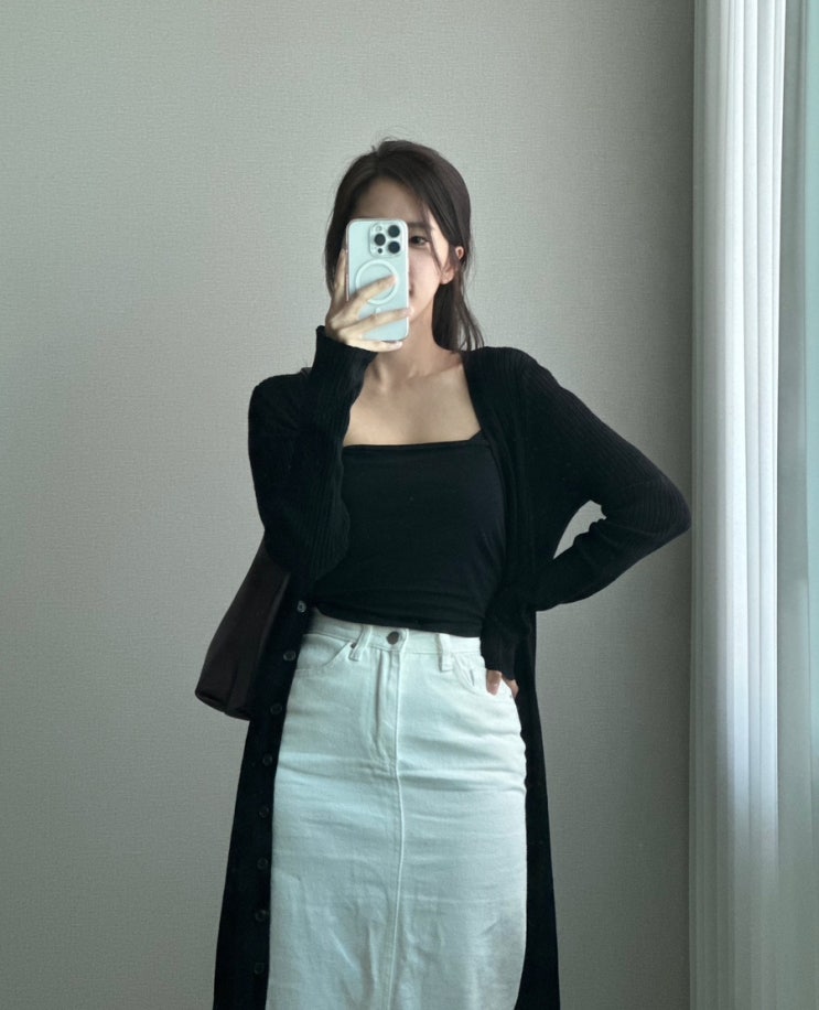  그린엔유 화이트데님스커트 | 가을데일리룩 코디